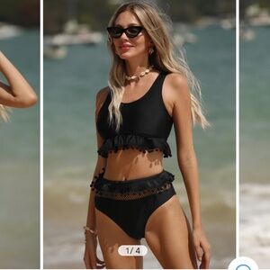 NWT Pom Pom Ruffled Top & Mesh High Waist Bikini Set